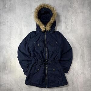 Y2K Navy YMI Grunge Faux Fur Hooded Parka Jacket